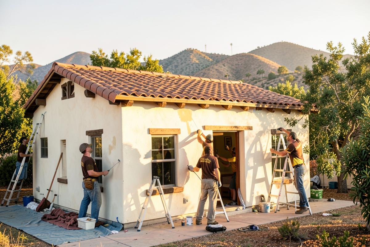Painters working on the exterior of a Spanish-style stucco home in Fallbrook, California